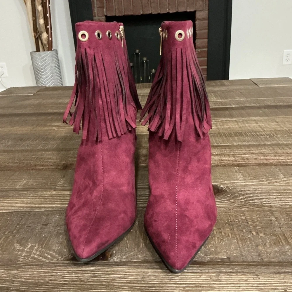 ASHLEY STEWART Grommet Fringe Bootie Fashion Boots Burgundy Sz 11w